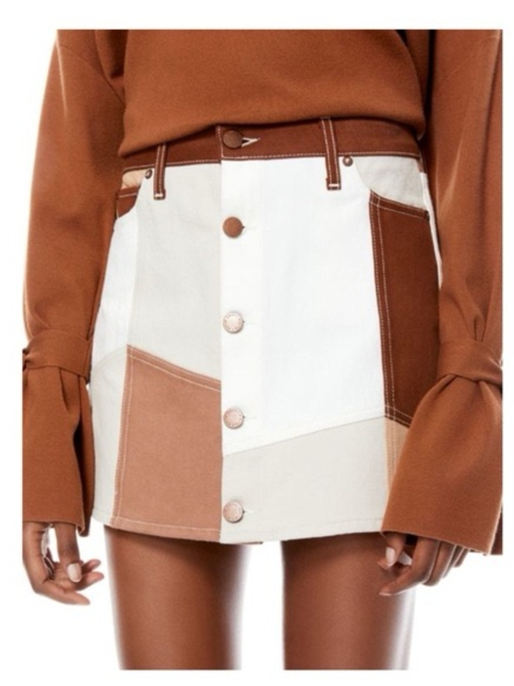 Alice + Olivia Brown & Cream High Rise Patchwork Denim Mini Skirt Sz 24